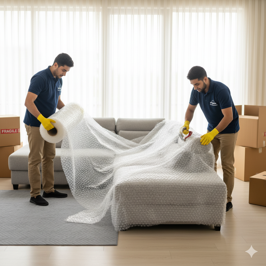 Moving team carefully wrapping a large sofa