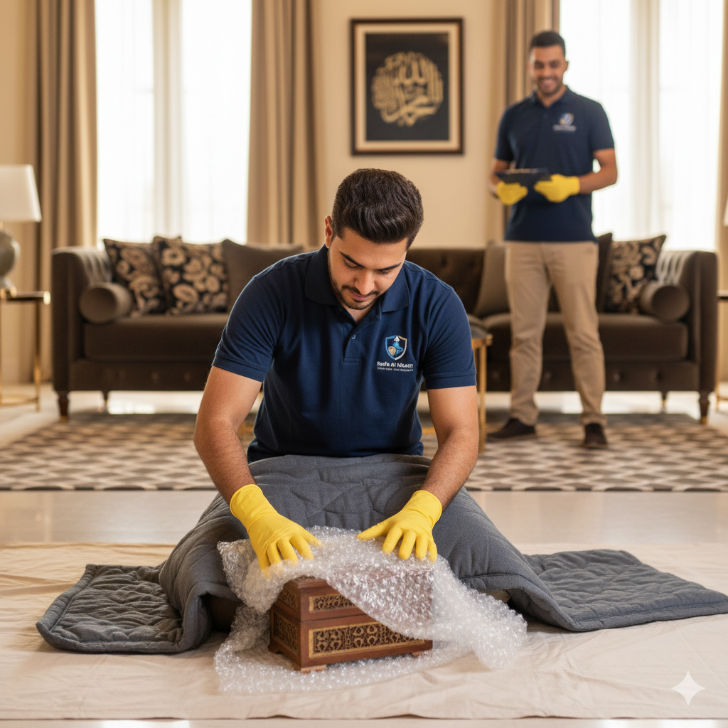 A mover assembling furniture in a new home