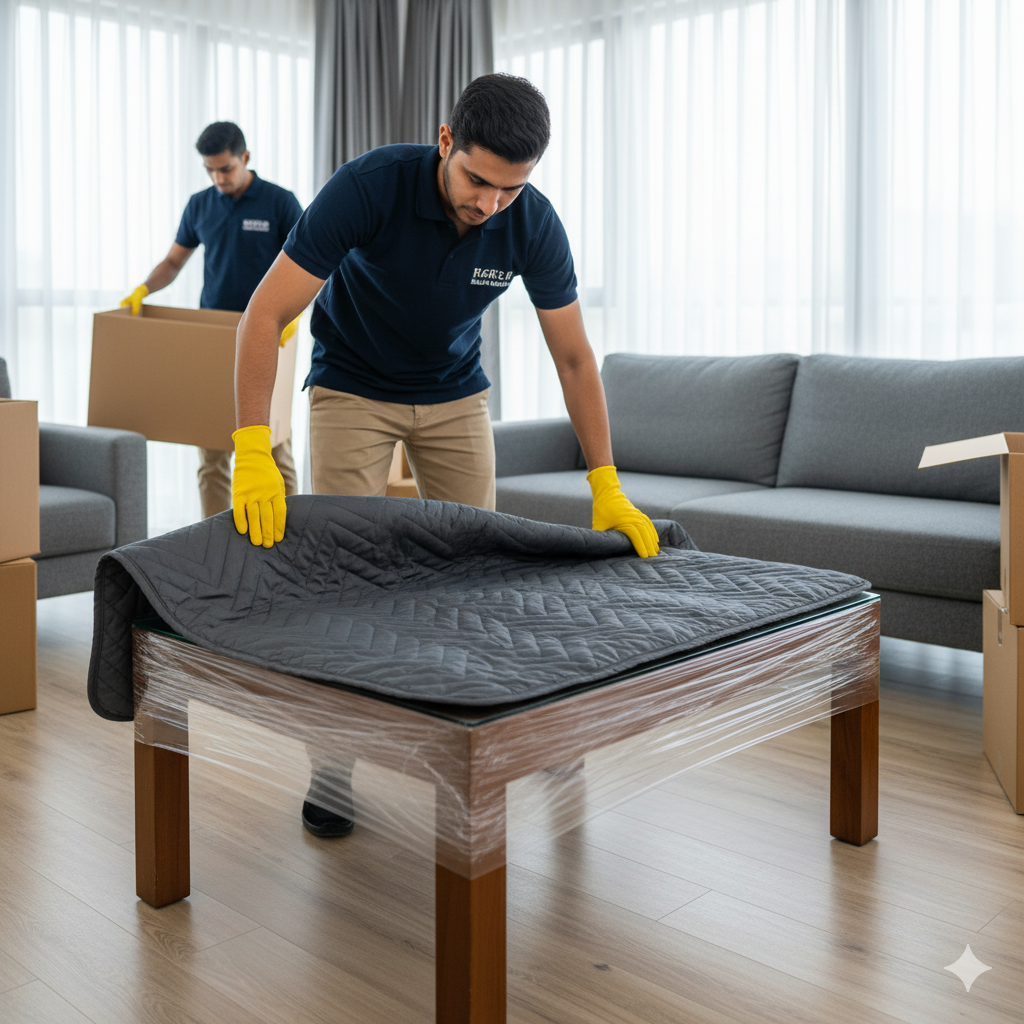 A mover assembling furniture in a new home