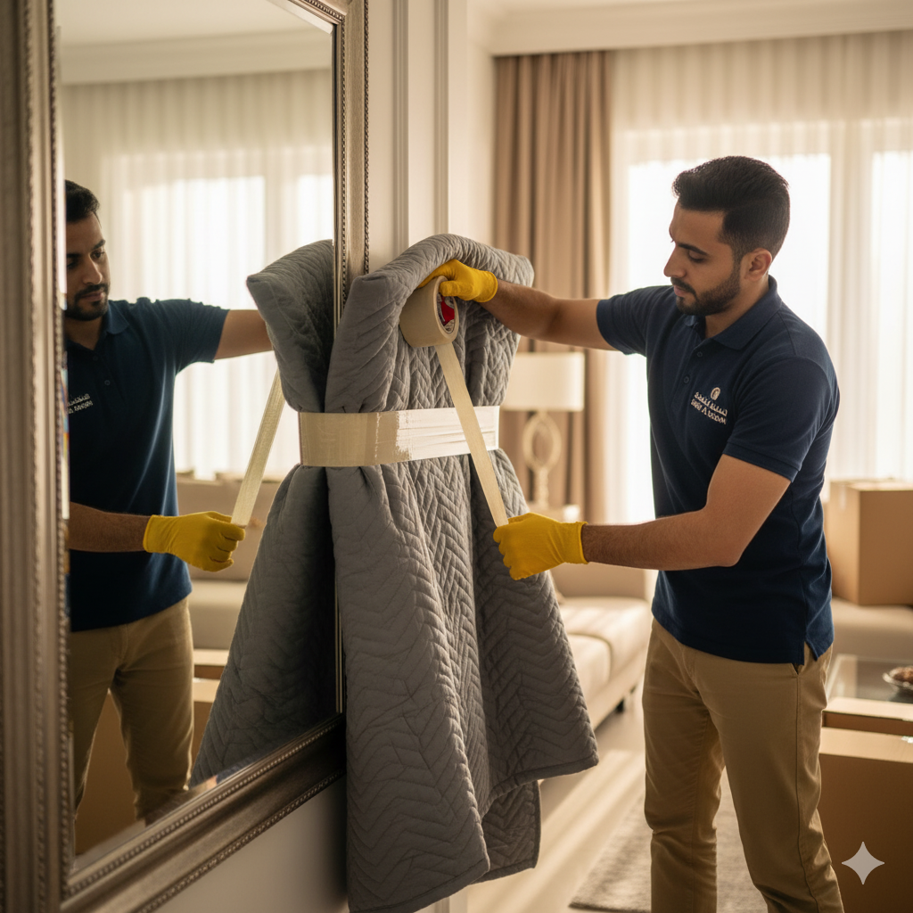 A mover assembling furniture in a new home
