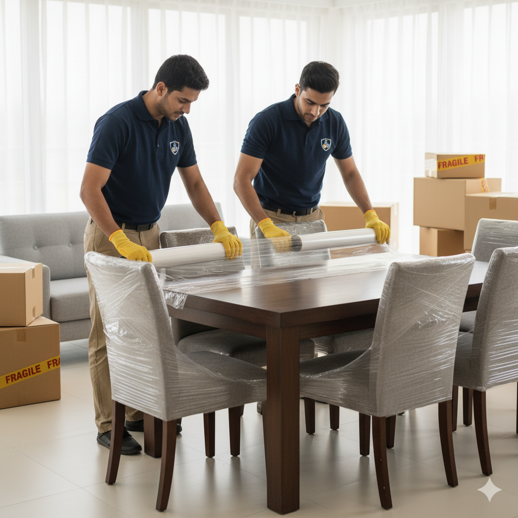 A mover assembling furniture in a new home