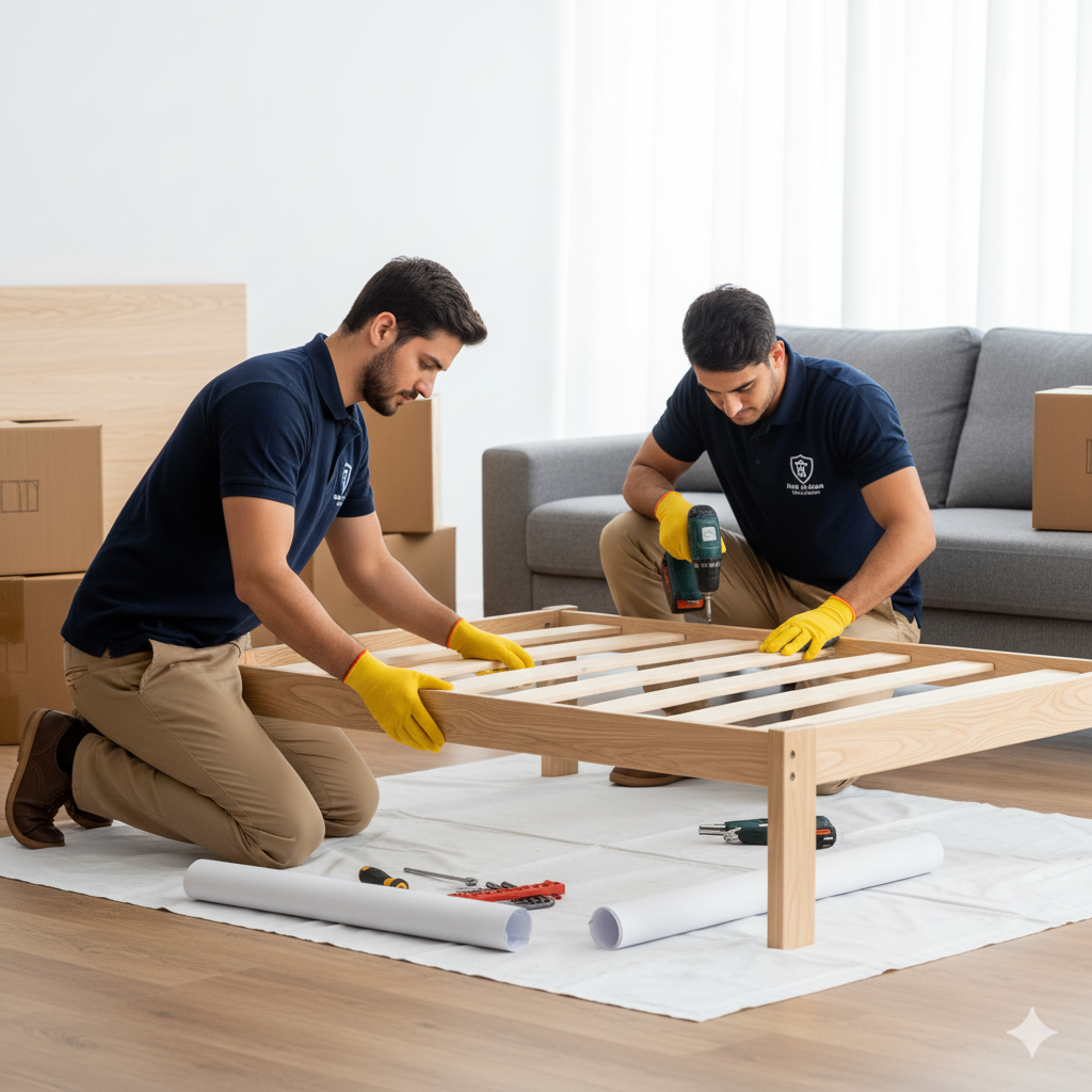 A mover assembling furniture in a new home